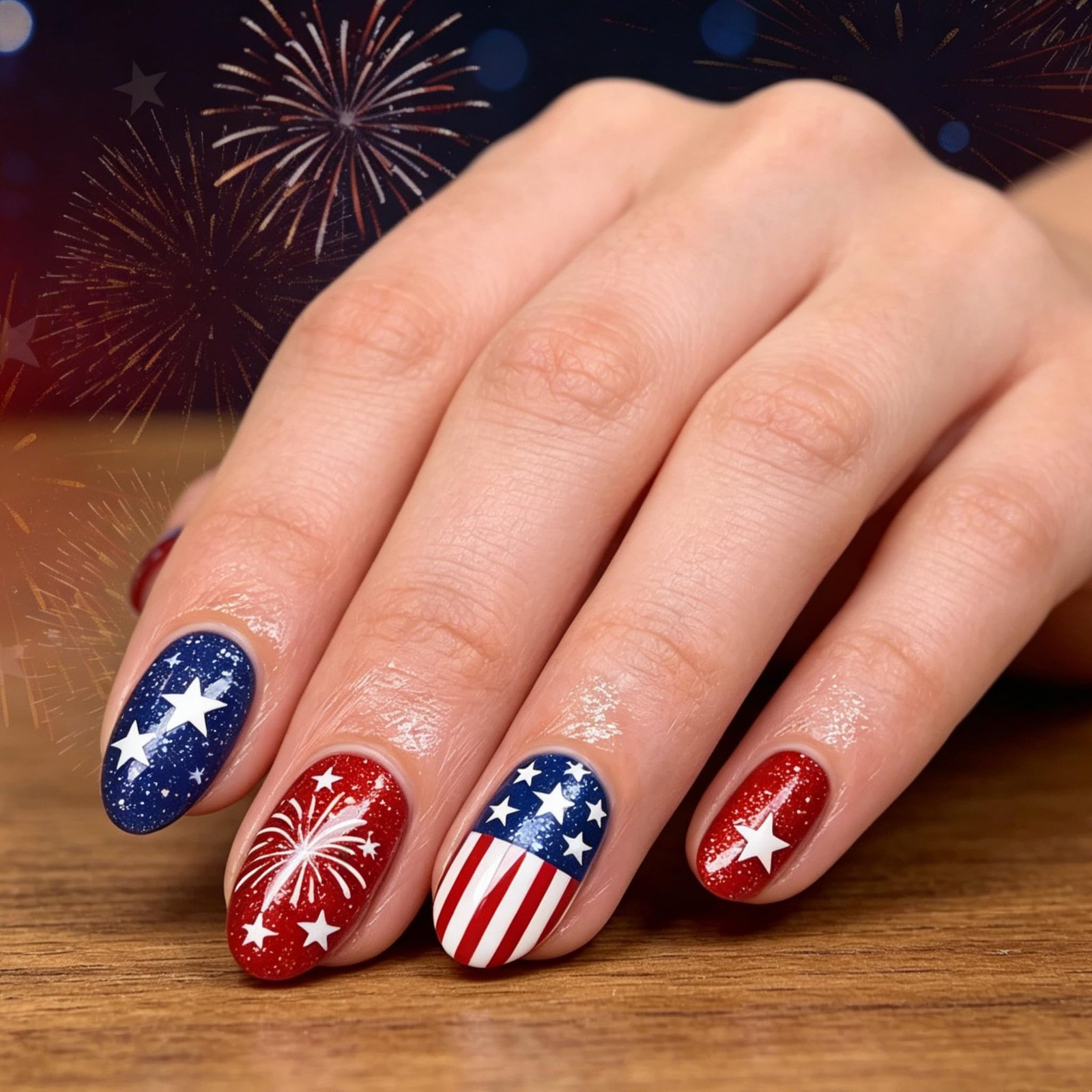 Tephrent 24Pcs Short Almond Press On Nails Fireworks