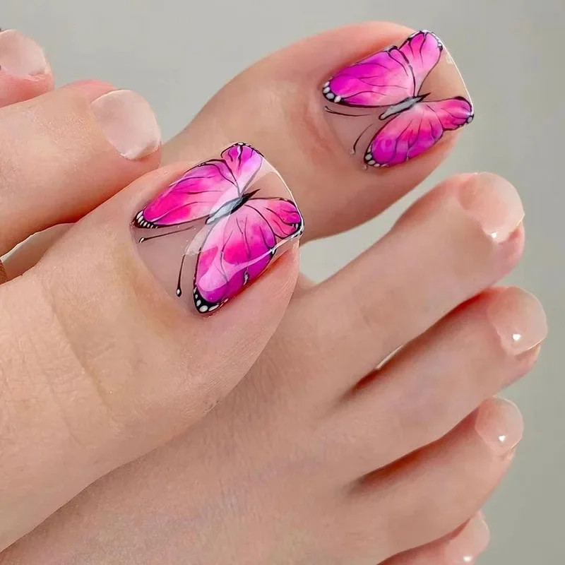 White French Nude Pink Short Fake Toenails Shiny Rhinestone Summer Flower Toe Fa