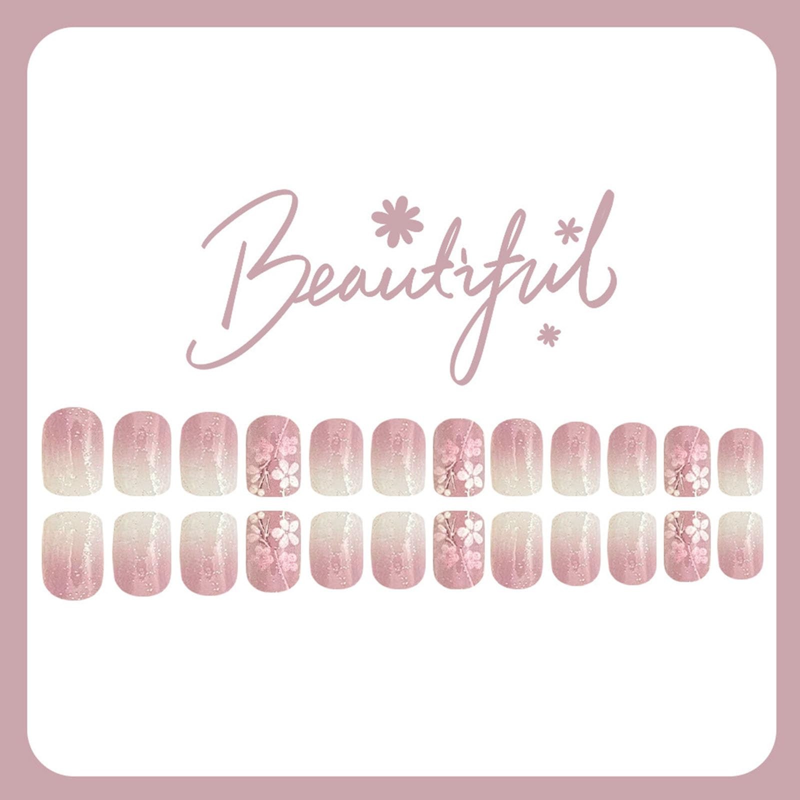 Gradient Press on Nails Short Square Fake Nails with Glitter Ombre Flower Flo…