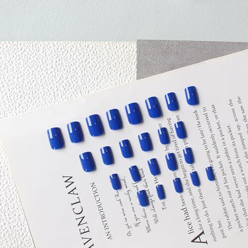 Royal Blue Press on Nails Short Medium Square Glue on Nails Set, dark blue
