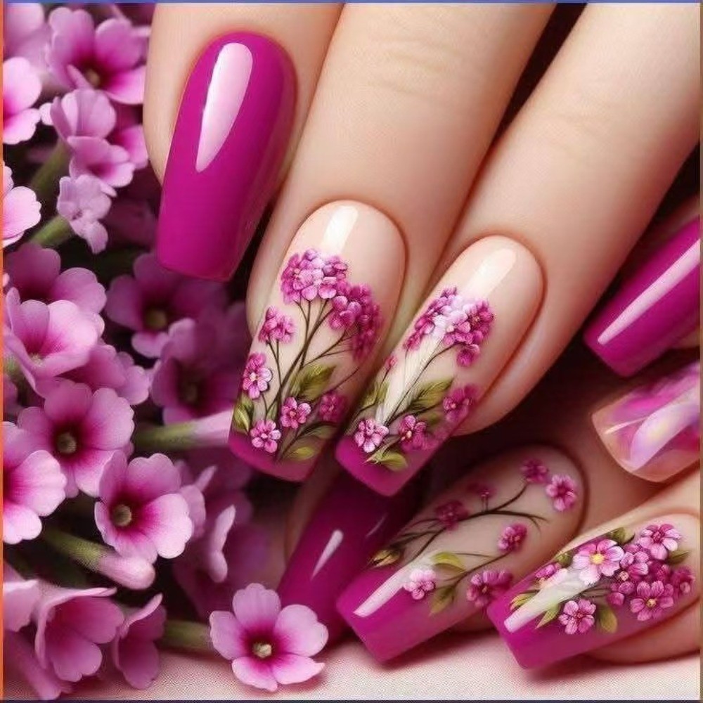 Floral Glossy, Long, Ballet-style, 24pcs Nail Tips, Detachable, Press-on Nails