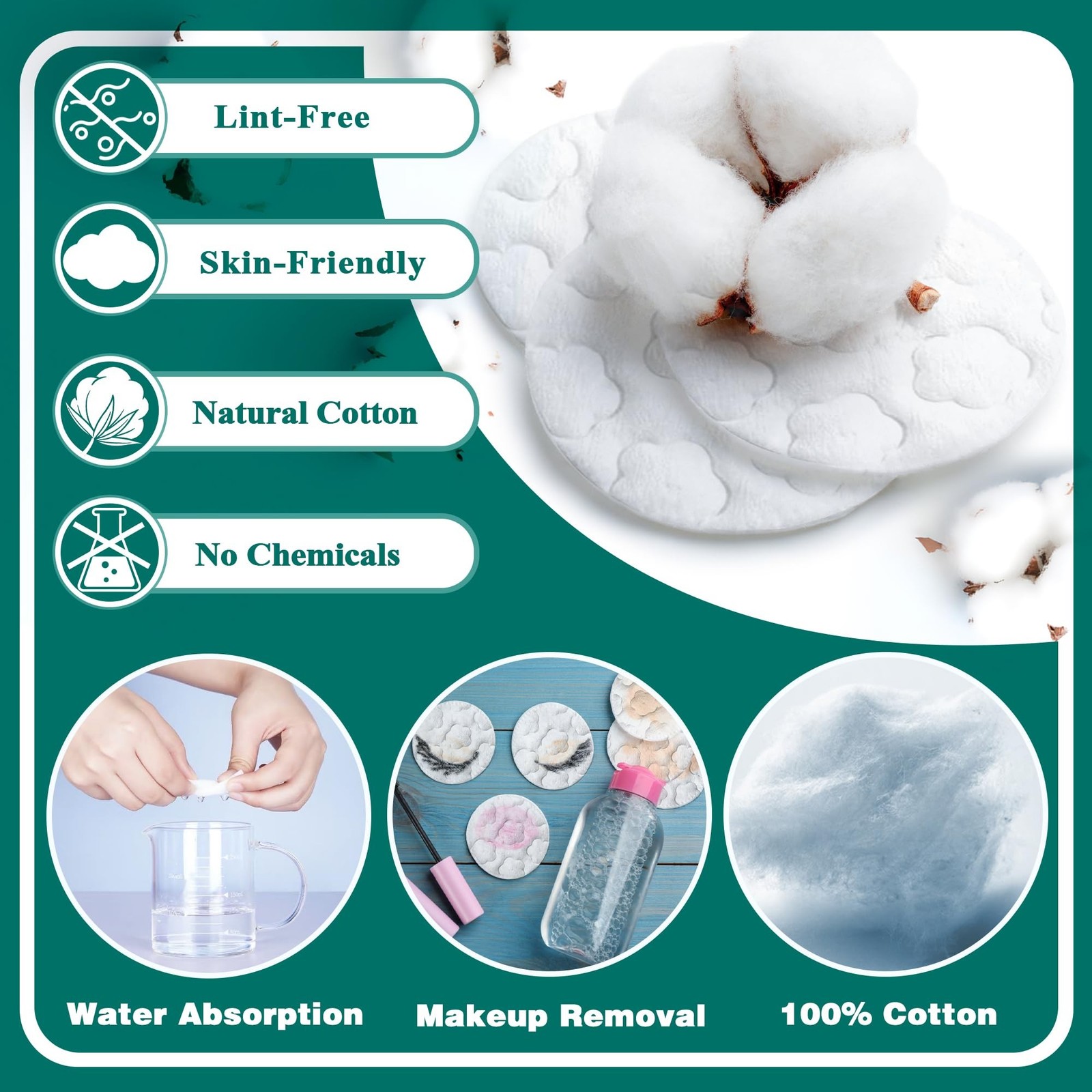 Premium Cotton Rounds for Face, 300 Count Makeup Remover Pads,100% Pure & Nat…