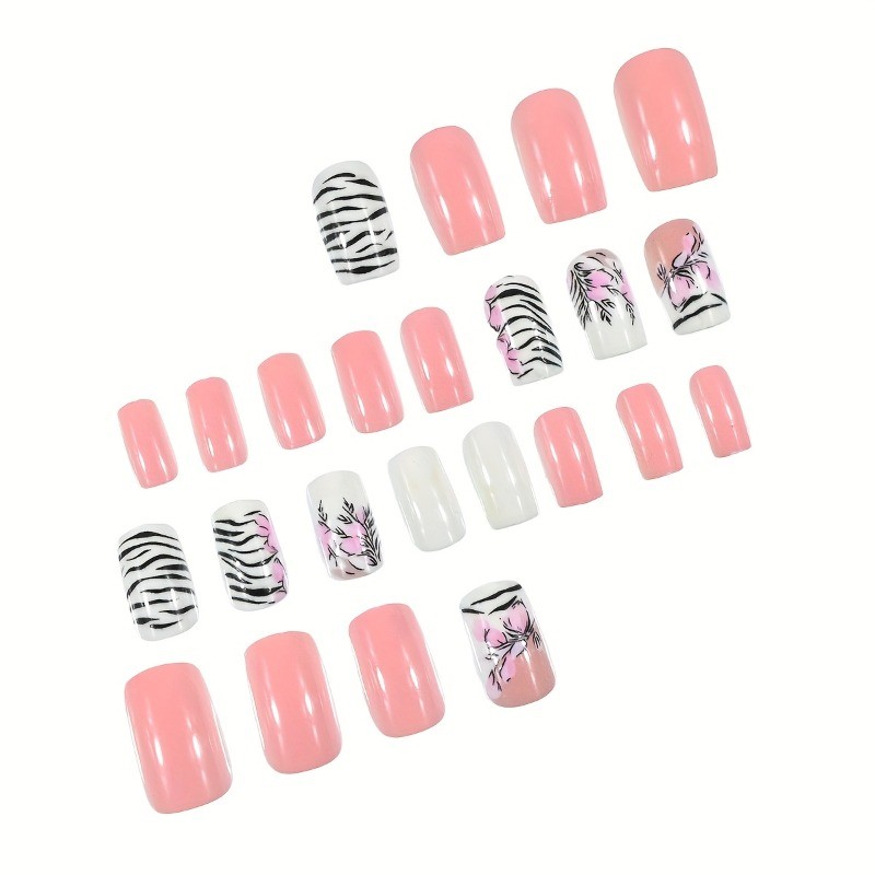 48 Short Square Fake Nails with Pink and Black and White Zebra Stripes Nail Art