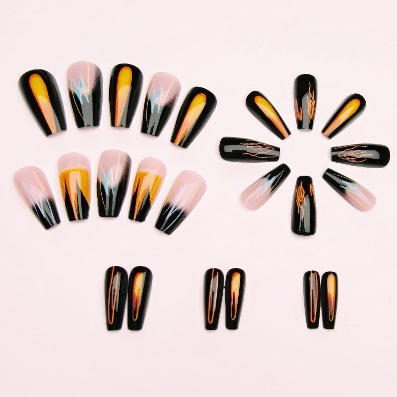48pcs-Neon Flame Fake Nails, Glossy Black Stiletto with Orange Gradient Accents