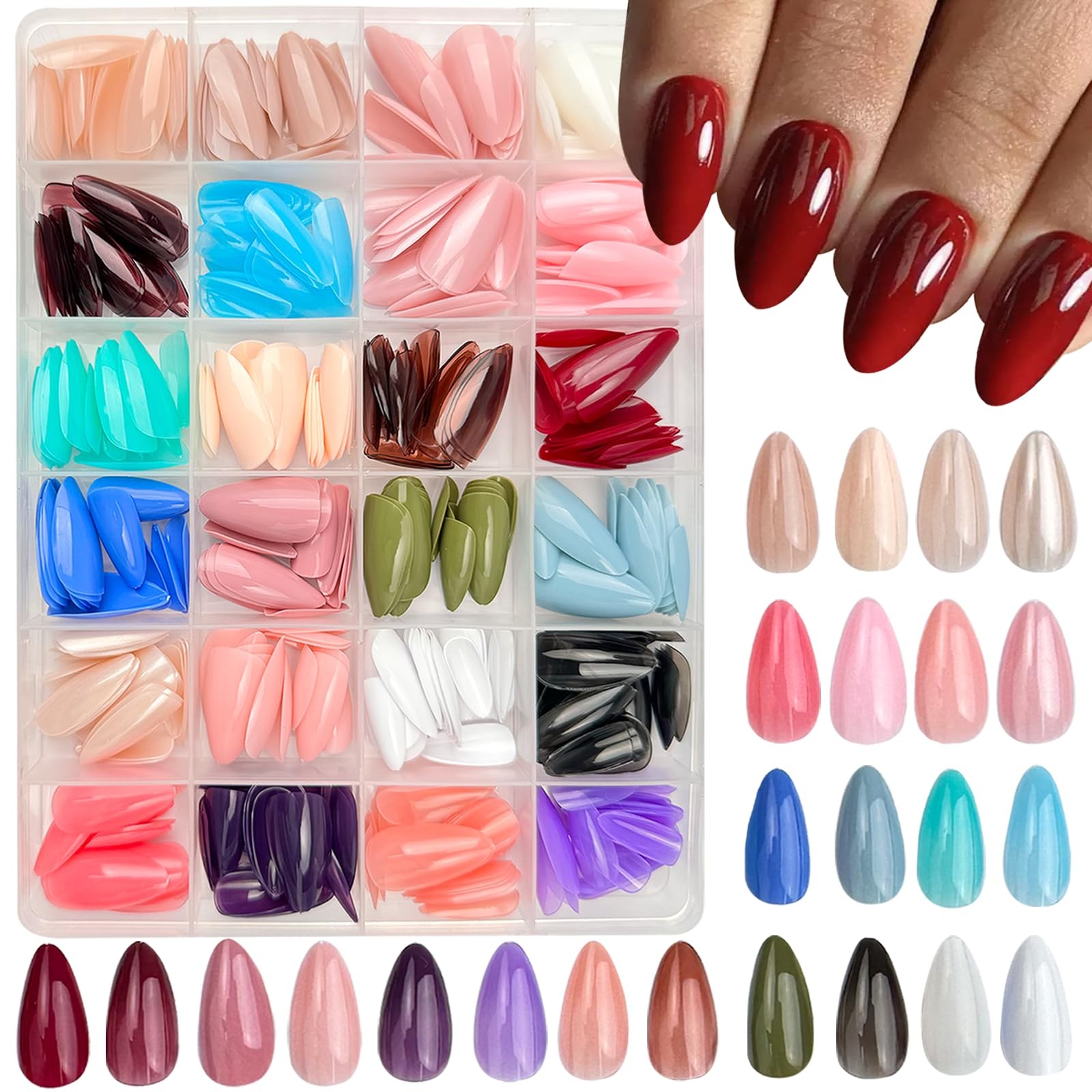 576 Pcs Press on Nails Medium Almond Fake Nails Solid Color False Nails 24 Co…