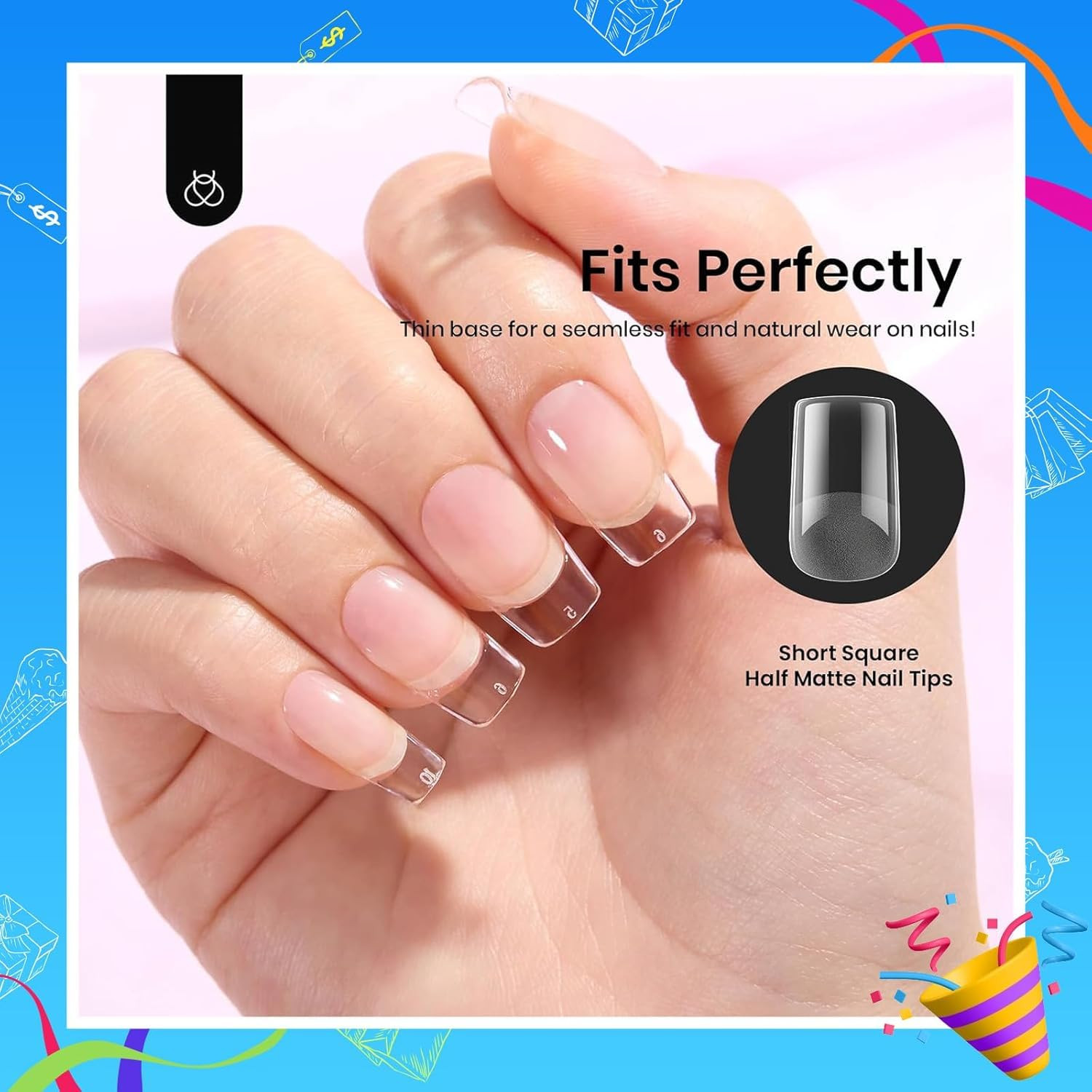 Gel Nail Tips Etch-X, Square Short, 288Pcs 12 Sizes, Pre-Etched Half Matte Full