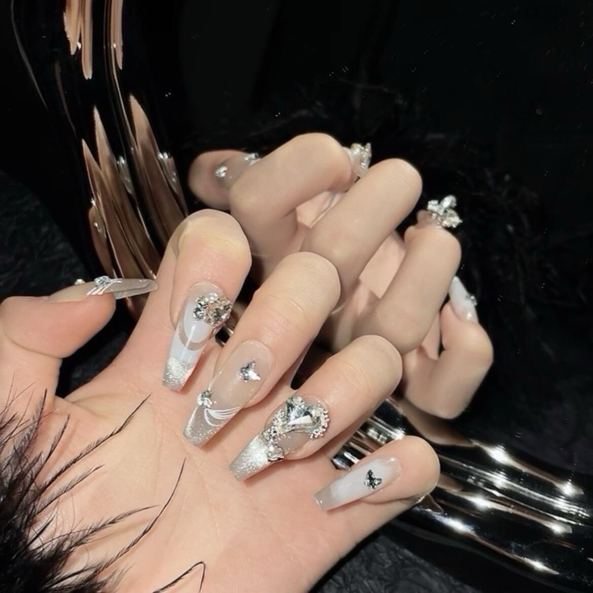 Long Coffin White Press on Nails with Heart and Butterfly Design (#033)