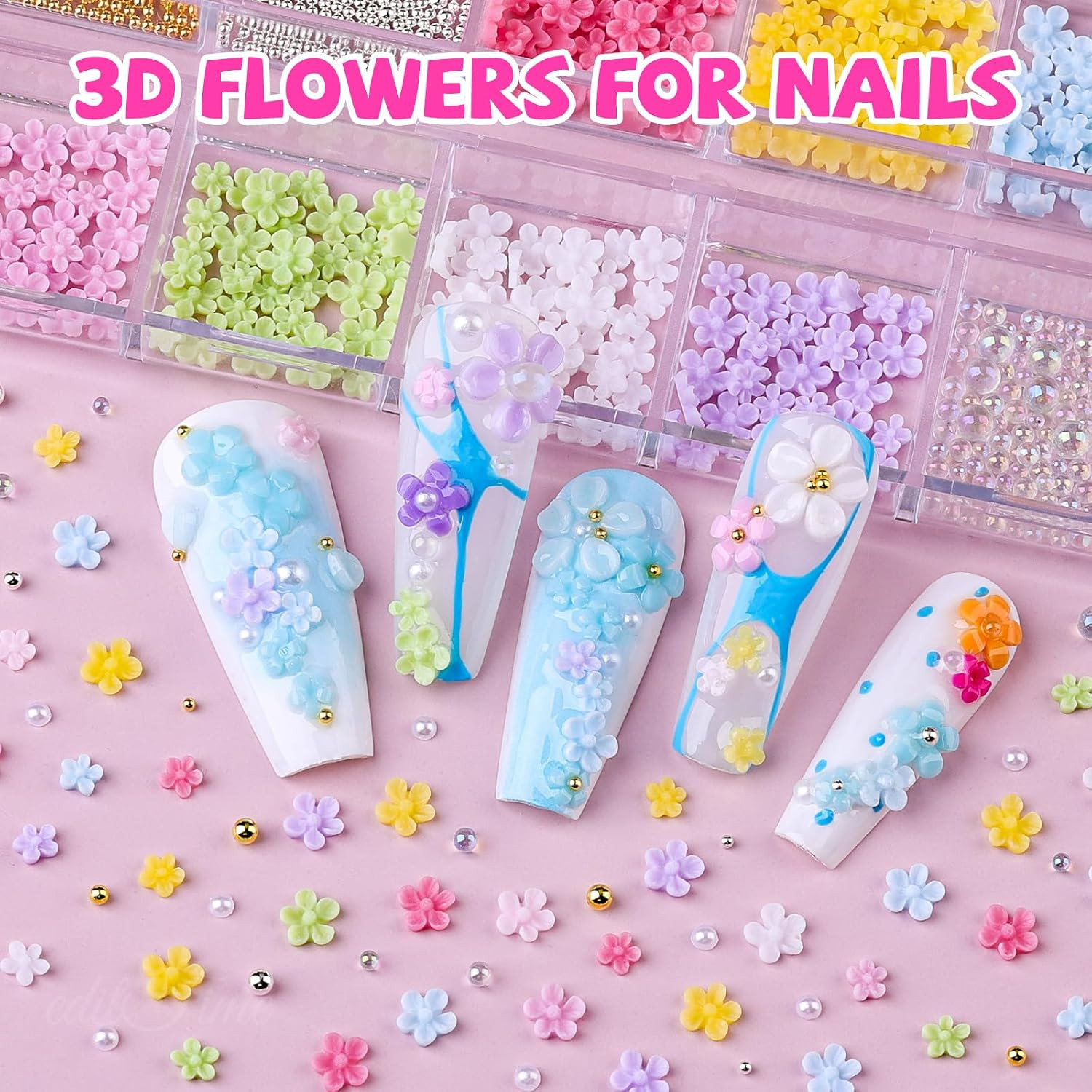 3D Flower Nail Charms, 2 Boxes 3D Flower Petals Nail Art Charms and Gems Cute Co