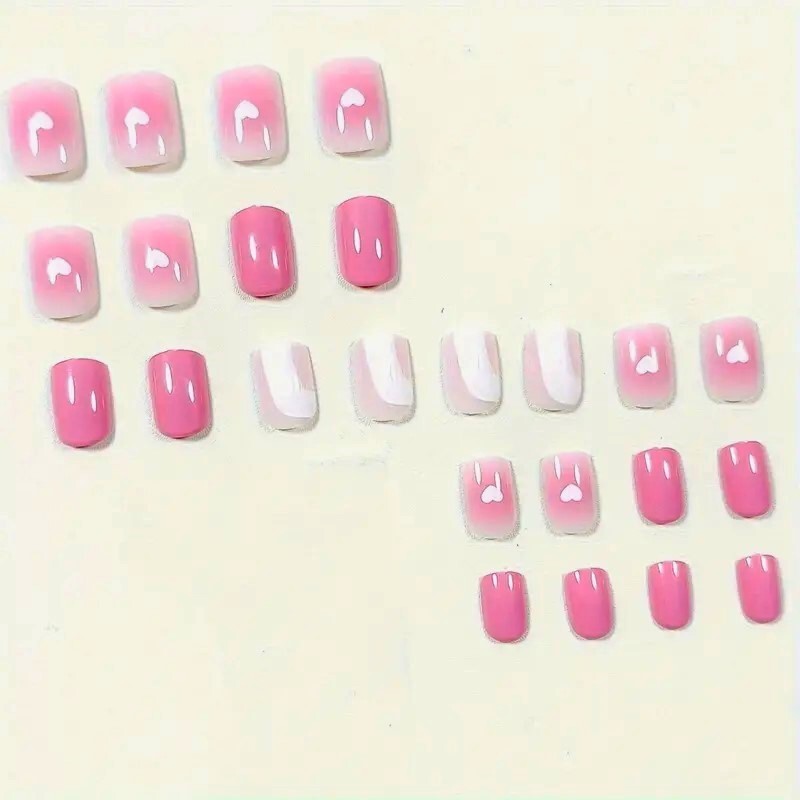 24 Fake Nails Pink Hearts Press On Style Kit Glam Vacation Shinny Reusable