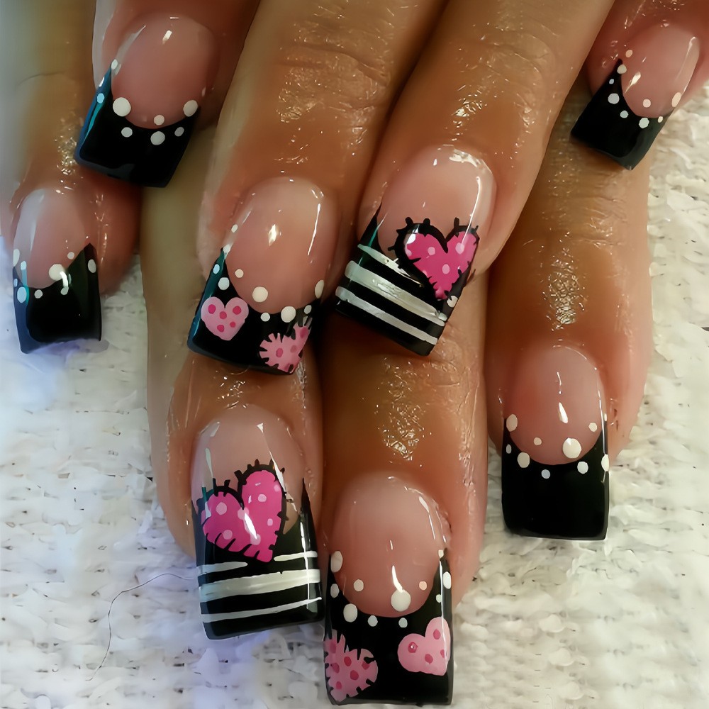 48P Short Square Press on Nails, Pink Black Heart Polka Dot Stripe Fake Nails