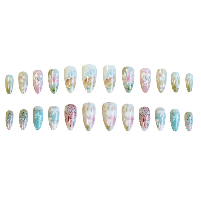 48Pcs Almond Pastel Floral Butterfly Press on Nails Sweet Daily Casual Nails