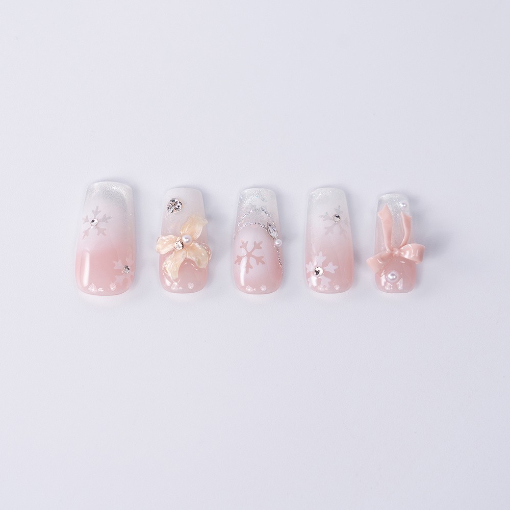 Handmade High Quality Snowflake Press On Nails Pink Bow Pearl Glitter Fake Nails