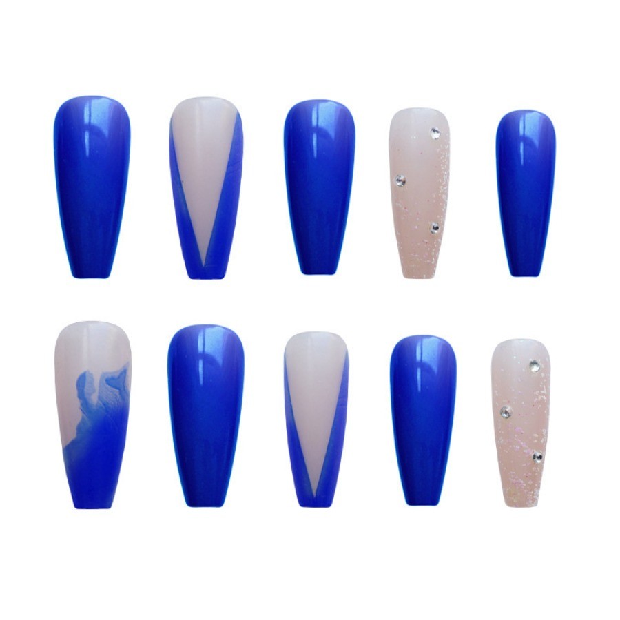48Pcs Blue Marble Glitter French Coffin Press on Nails, Bright Trendy Fake Nails