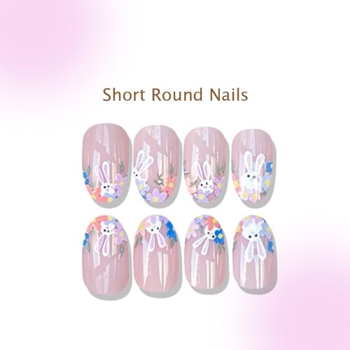 Easter Press on Nails Short Oval Fake Nails with Rabbit French Flower Bunny