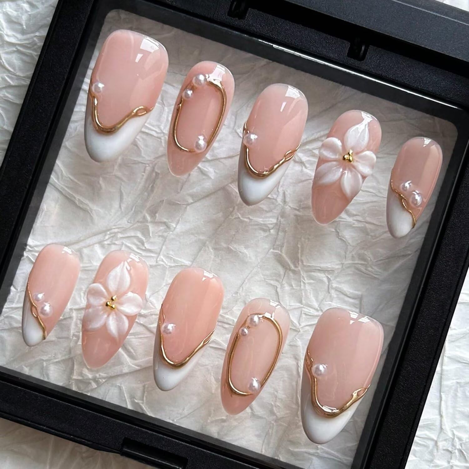 Handmade Almond Spring False Nails, 3D Floral & Pearl Design
