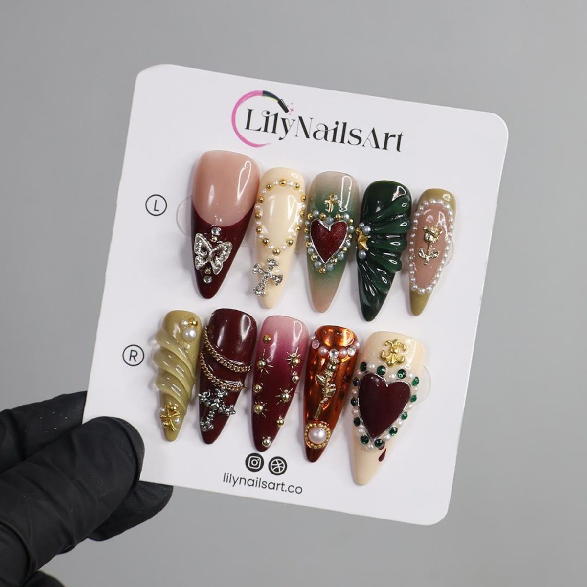 Vintage Cross Heart Handmade Press on Nails Metal Rose Pearl Trendy Fake Nails