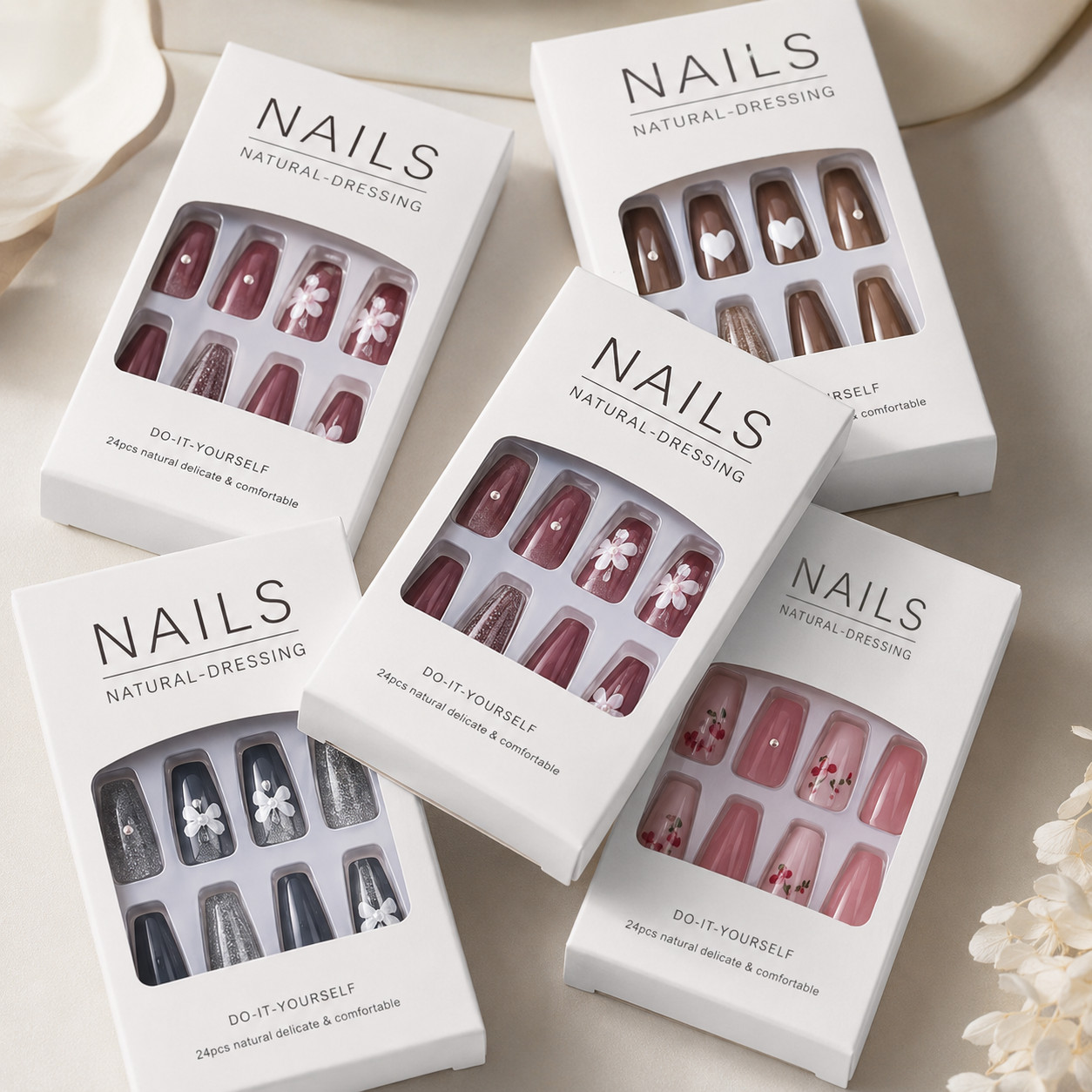 10 Boxes Pre Designed Floral Square Medium Press On Nails, Shiny Multicolor Nail