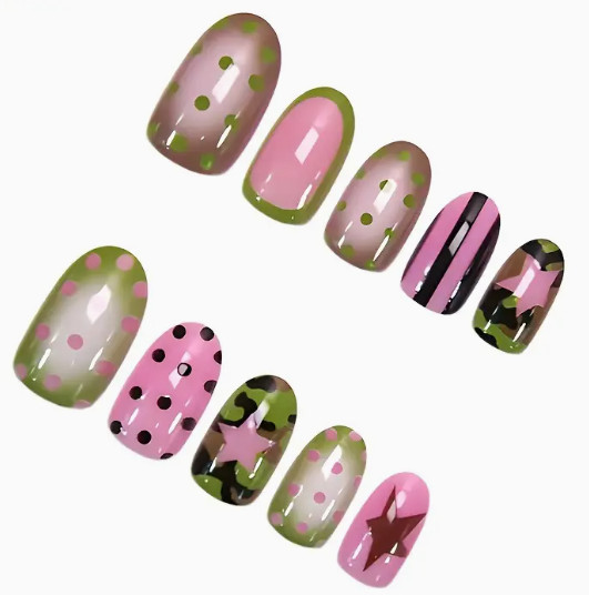 24 Pieces Press-On Nails Medium Oval Pink Black Green Dots Stripes, Camo, Stars