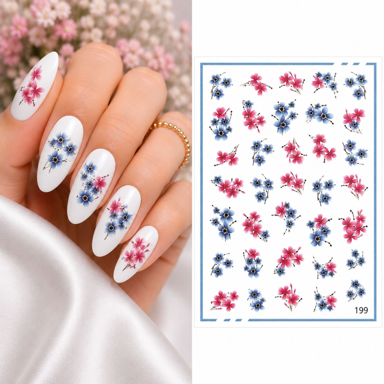 Blue RedFlower Water Transfer Nail Sticker Spring Nail Art Decals DIY Manicure