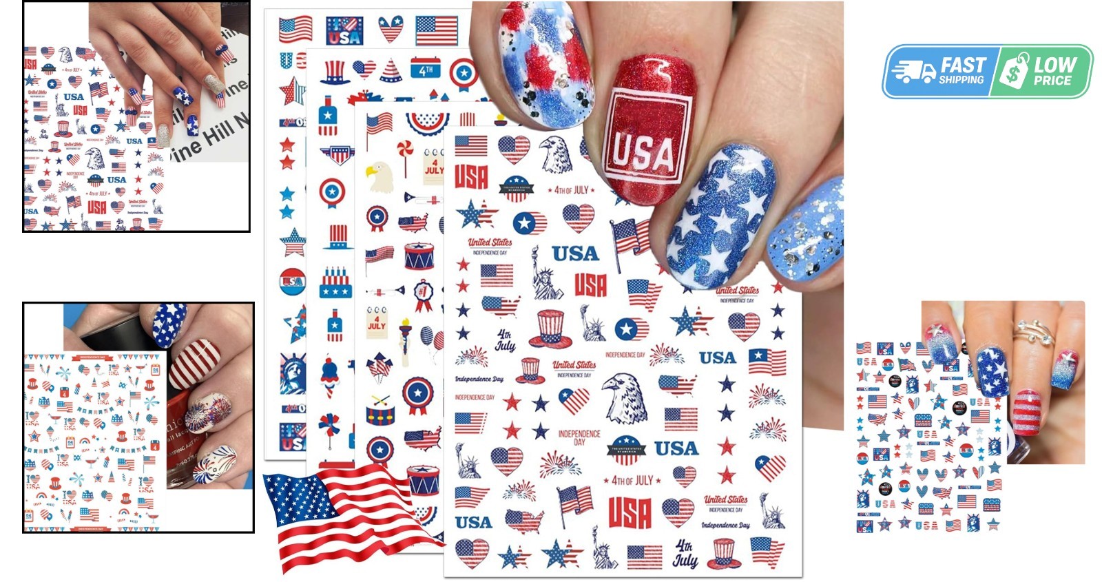 12 Sheets Patriotic Nail Art Stickers – Easy Self-Adhesive Designs for July 4th