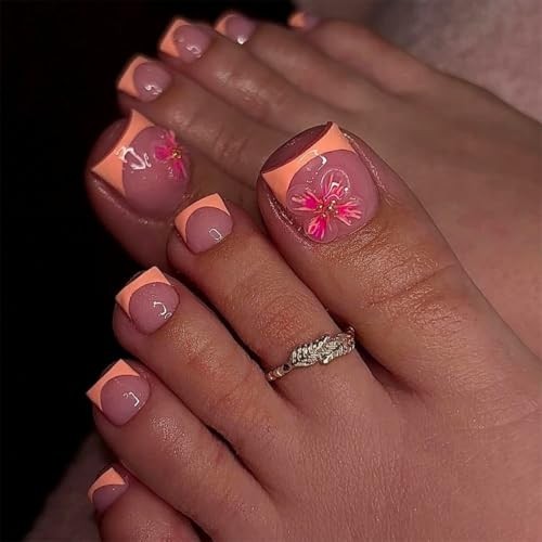 French Tip Press on Toenails Square Fake Toenails with Flower Short Style-3