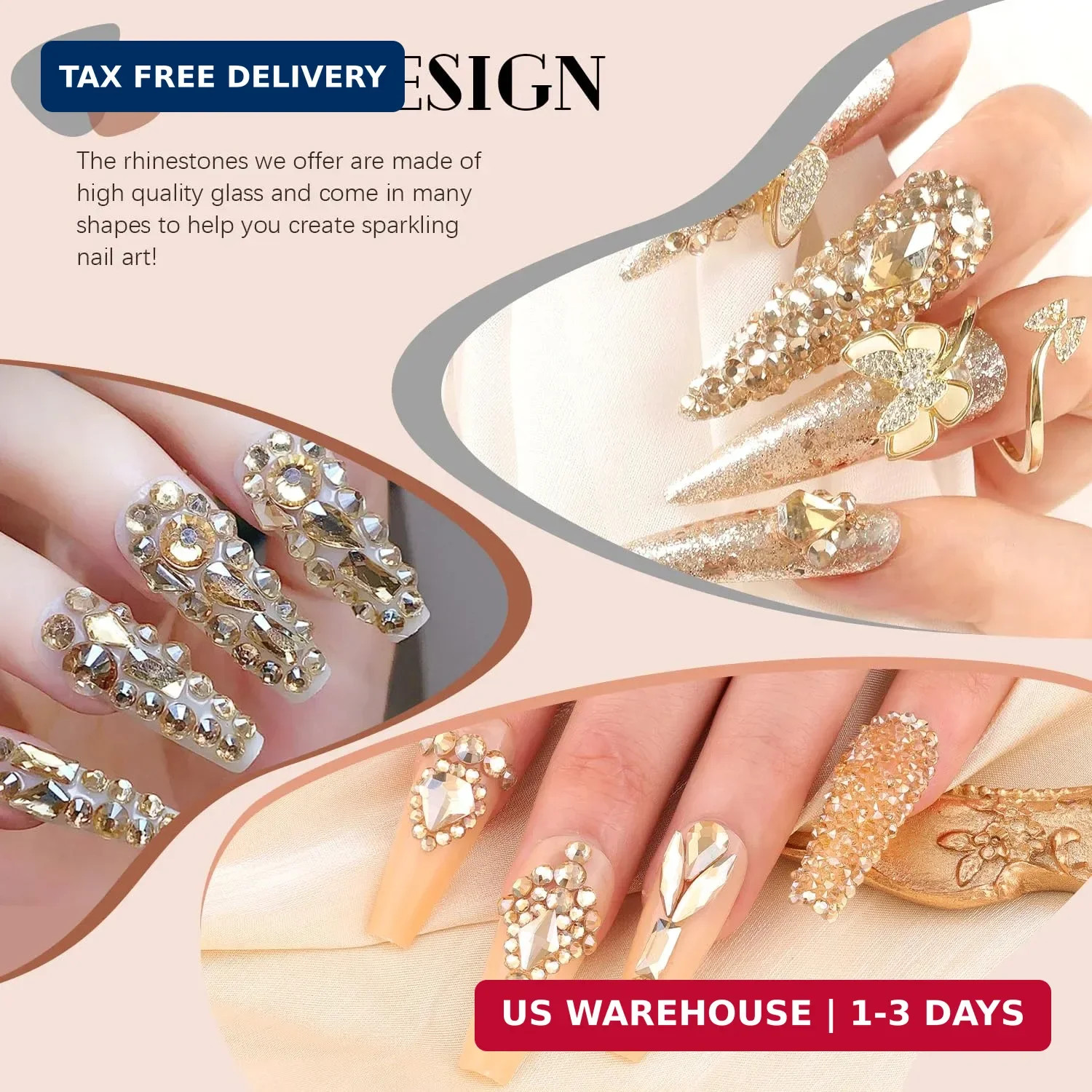 3220Pcs Gold Nail Rhinestones, 1.5-4mm Mini Flatback Crystal & 3D Multi Shapes G