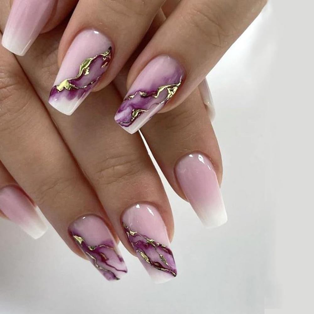 Marble Press on Nails Coffin Short Medium Ombre White Purple Fake Nail with G…