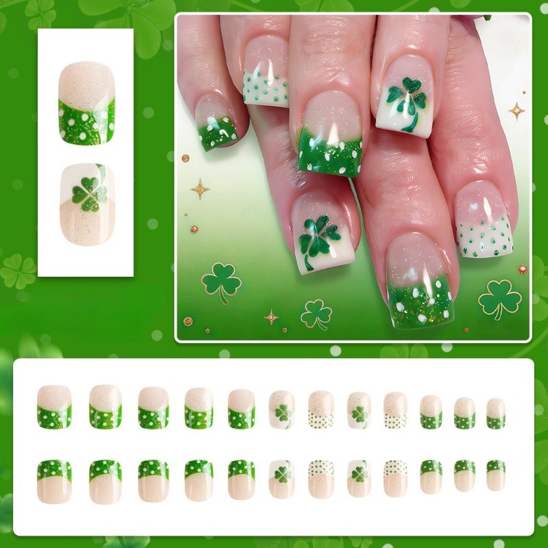 48 Pieces of Green Lucky Grass French Style Fresh and Detachable Fake Nail Art
