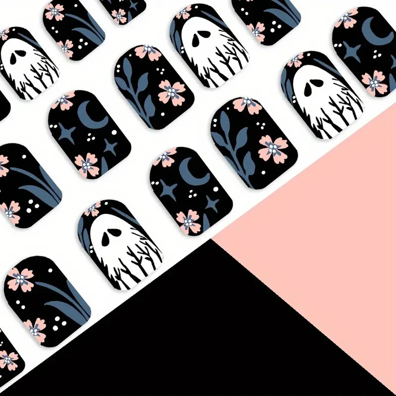Square Acrylic Press-On Nails 24pcs | Short Set Floral Night Ghosts Design