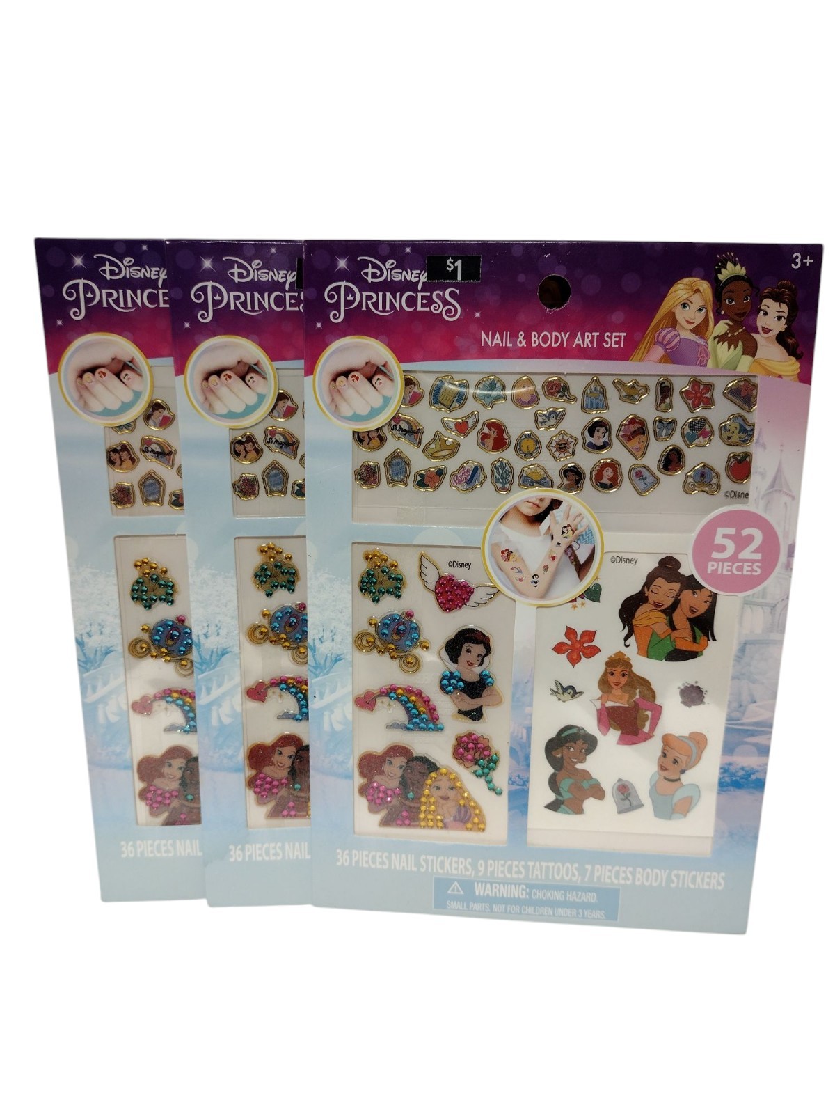 3 Disney Princess Kids Cartoon NAIL BODY STICKER ART SET Temporary Tattoos Decal
