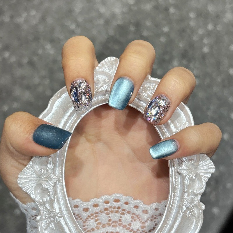 10Pcs Handmade Squoval Nails, Glitter Sequins, Elegant for Party & Daily Use