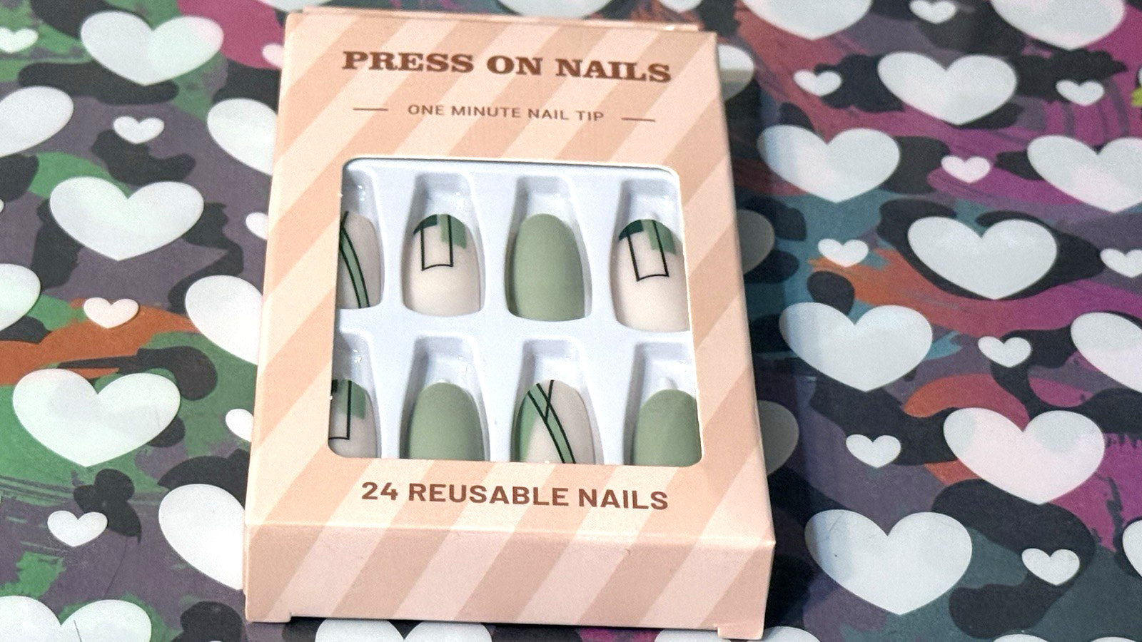 Press On Nails One Minute Nail Tip NUDE & SAGE GREEN with ABSTRACT 24 Long Oval