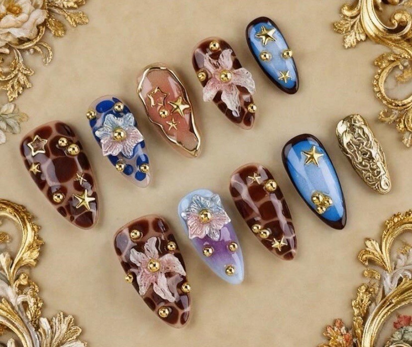 3D Flower Press-On Nails Full Cover Pre-Designed Long Almond Brown Blue Gold