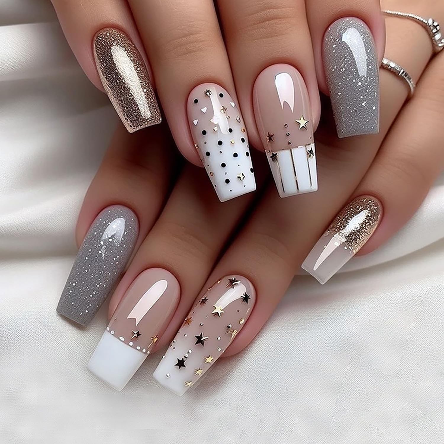 Press on Nails Medium Square Shaped French Tips Acrylic Glossy Full Cover Squ…