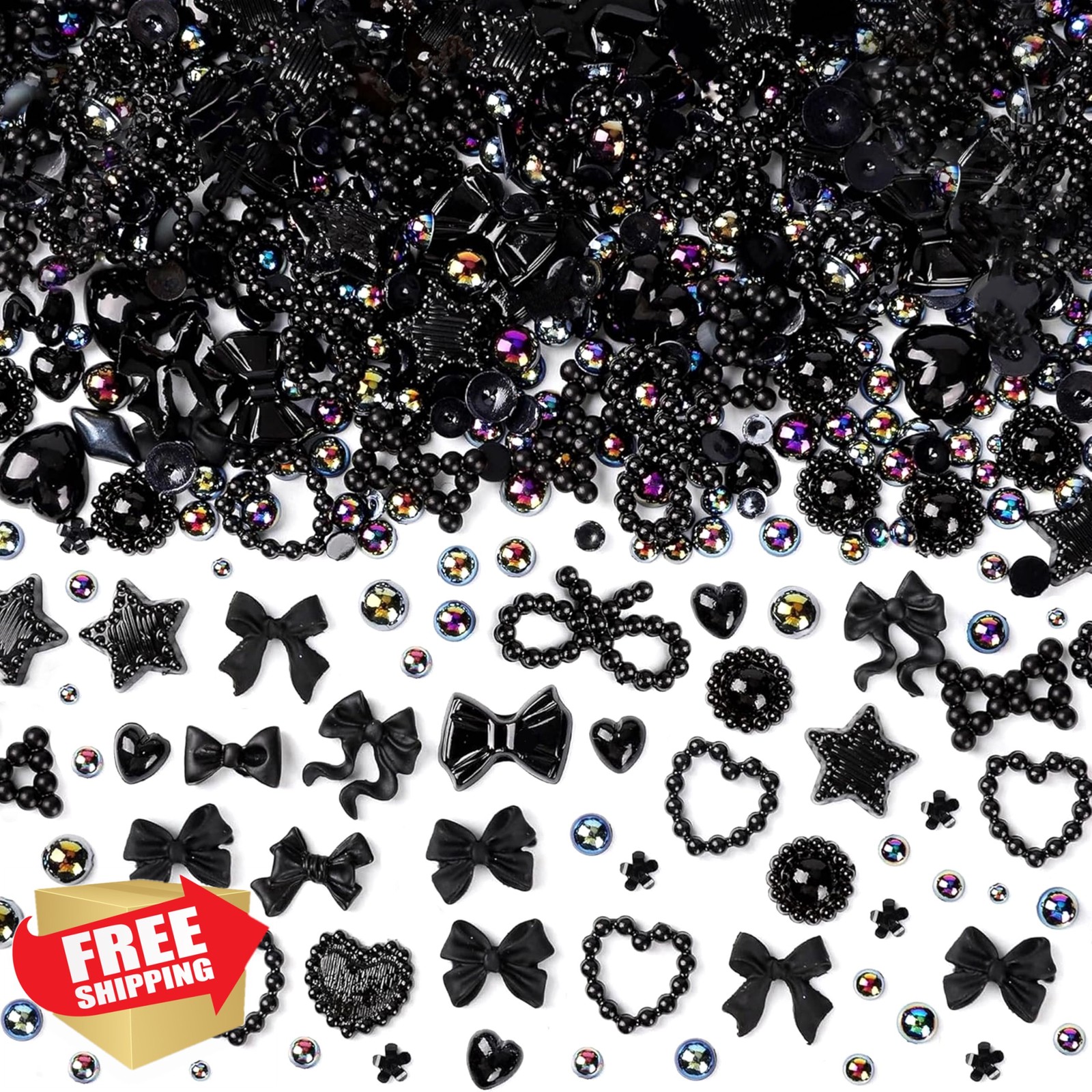 Tephrent 500pcs Black 3D Pearl Nail Charms Mix Styles