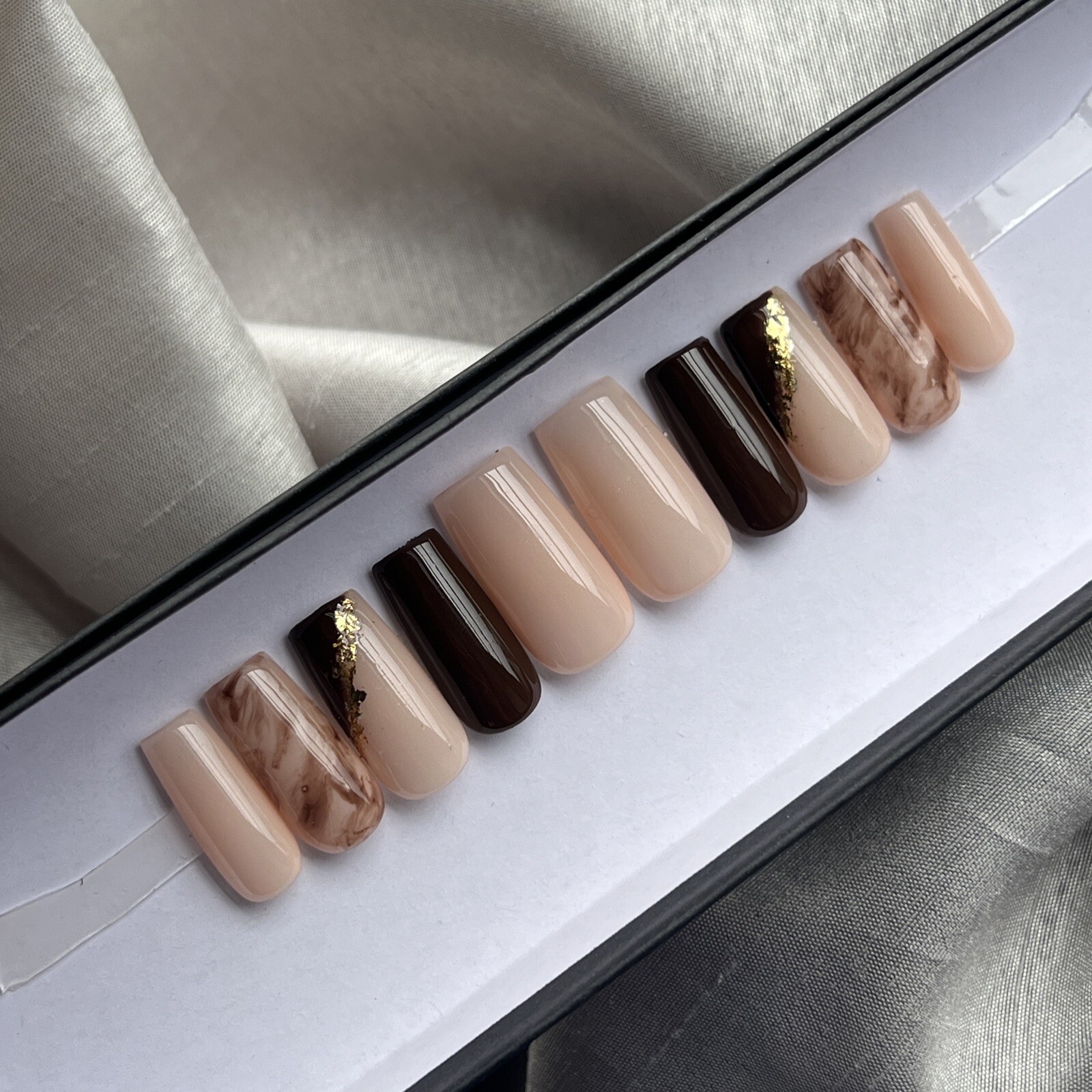 🔥CUSTOM Gel Press On False Nails, NUDE BROWN GOLD, Med square , 10p w/ FULL KIT