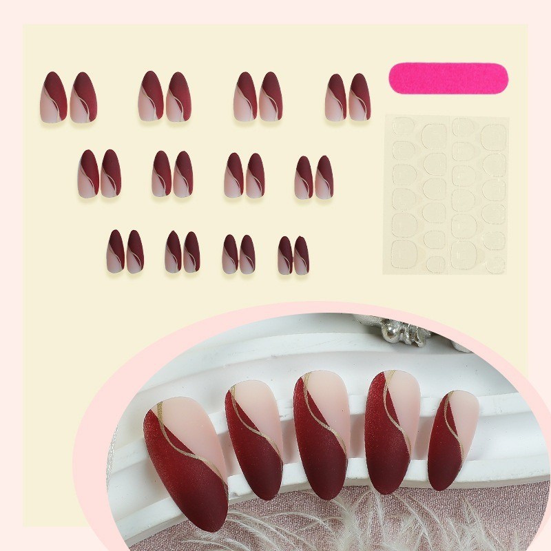 48pcs-Burgundy Gold Line Press on Nails, Nude Almond False Nails for Women