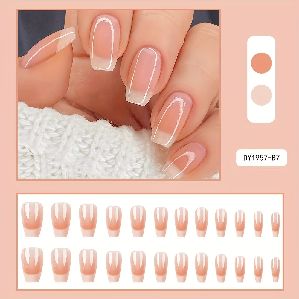 24pcs Short-T On Nails Pink Gradient French Style Fake Nails Glossy Artificial