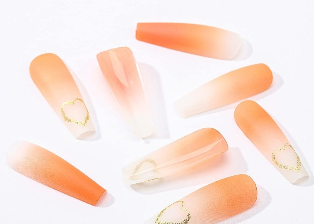 24 Press on nails Kit w Glue Frosted Peach gold heart clear white pink orange