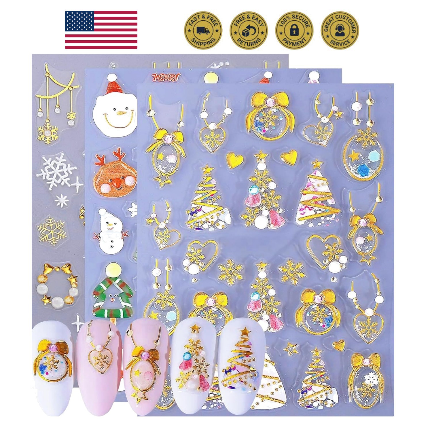 Christmas Nail Stickers, 5D Embossed Gold Snowflake Nail Decals Snowflake Bel…