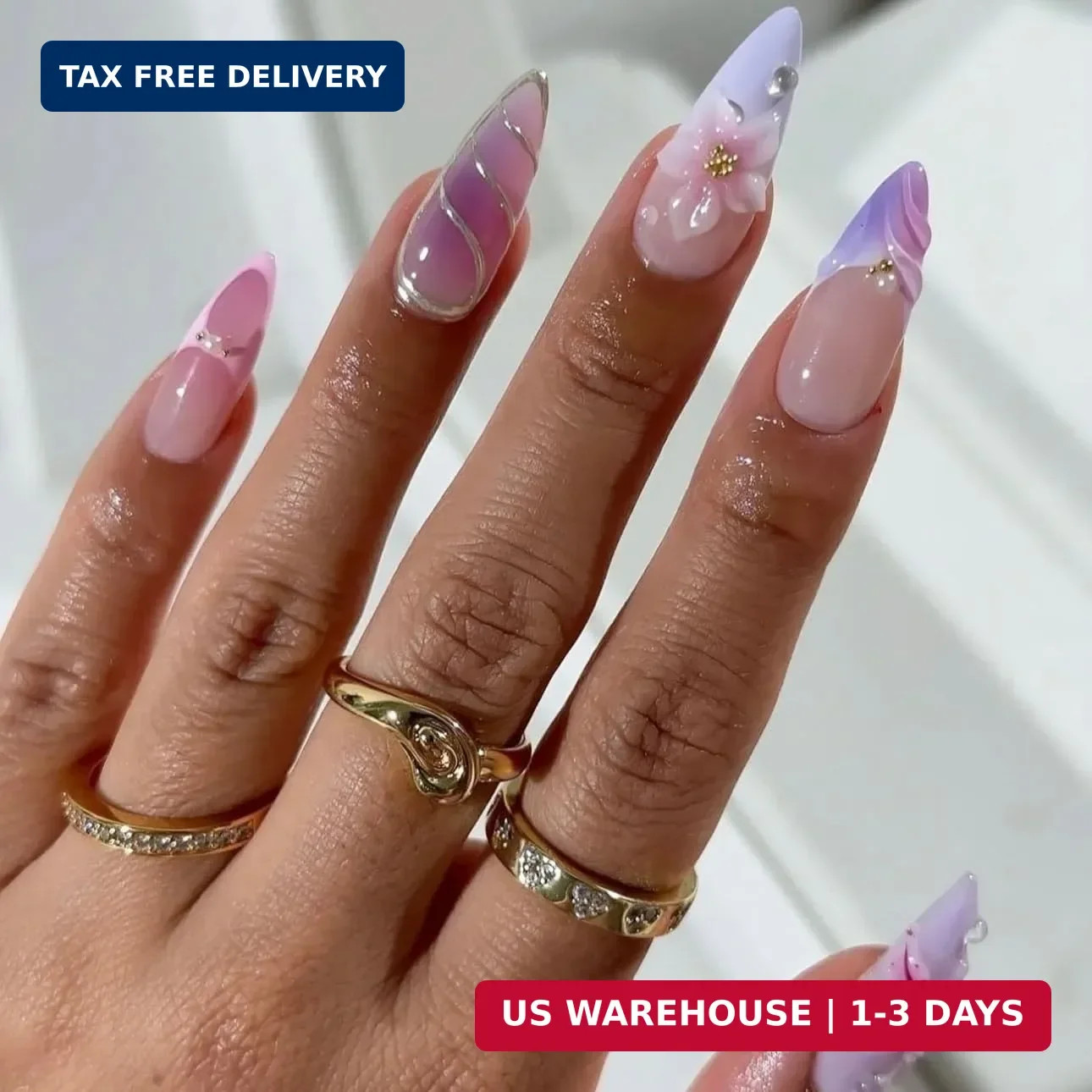 LPOODDNU Purple Pink Press on Nails Almond – Medium 3D Embossed Flower Fake Nail