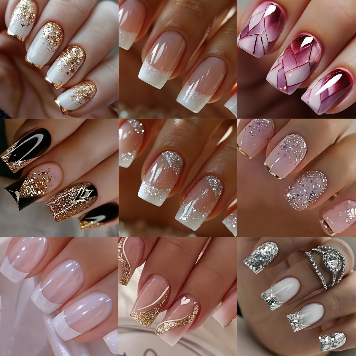 216p(9Pack) Assorted Press On Nails Glitter Gradient Geometric Wearable Nail Art