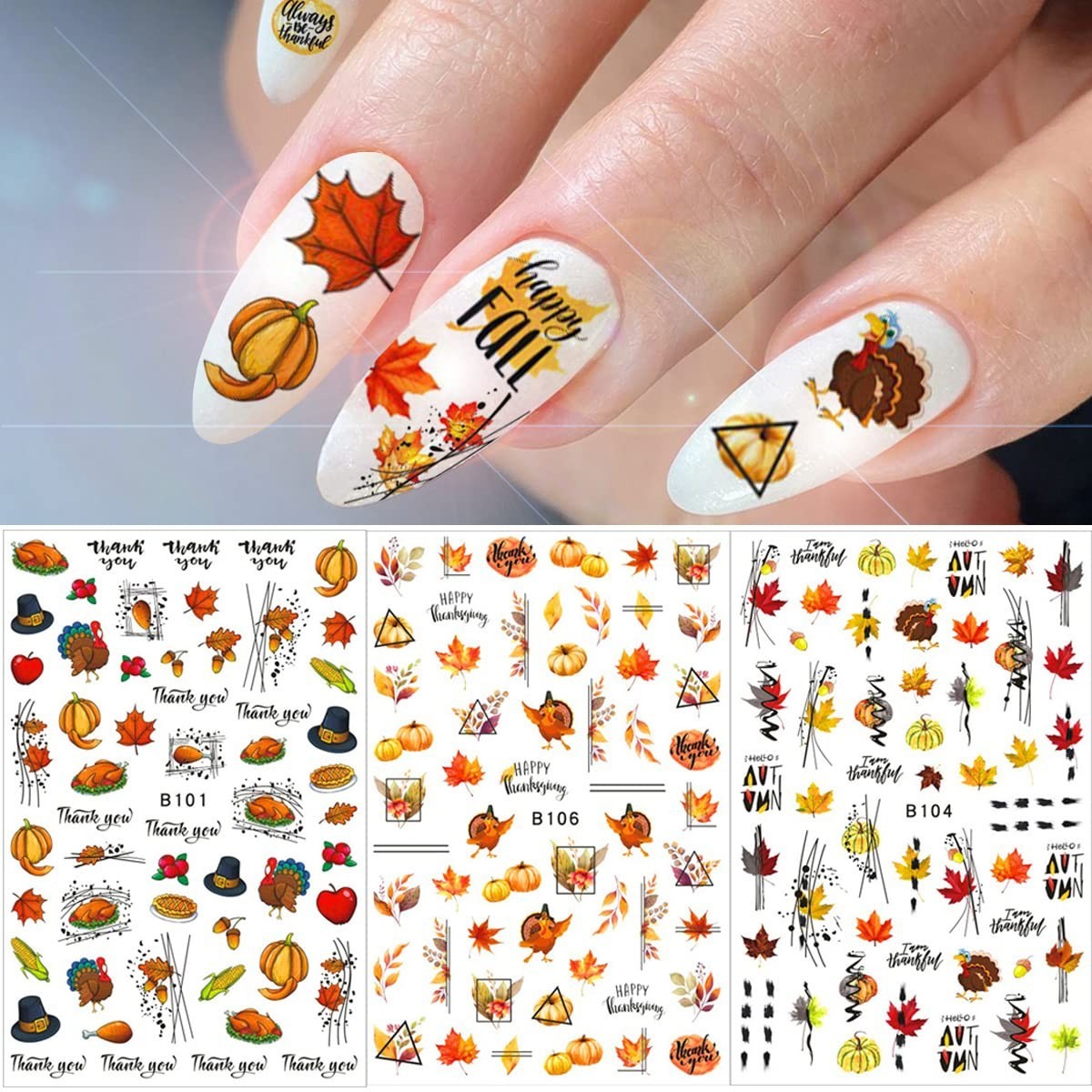 12 Sheets Fall Nail Art Stickers 3D Autumn Leaves Nail Decals Self-Adhesive T…