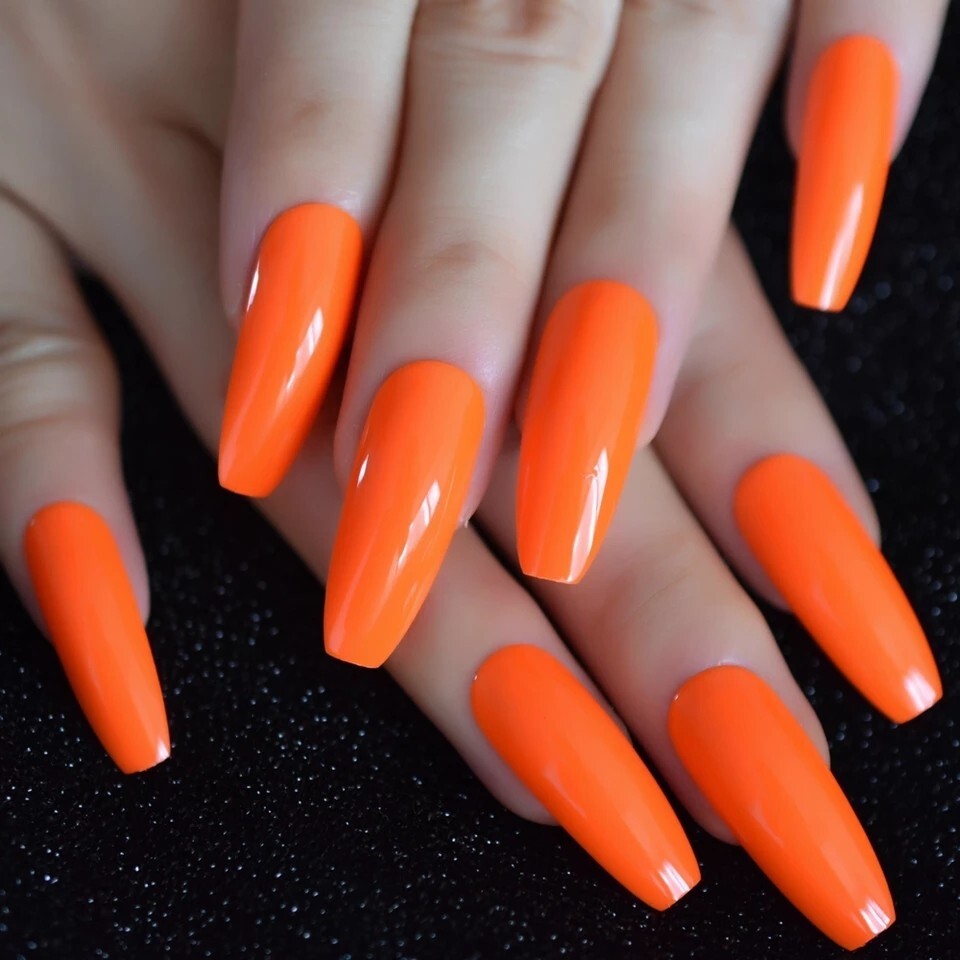 24 Bright Neon Long Press on nails glue 80s rave miami Pink orange blue green