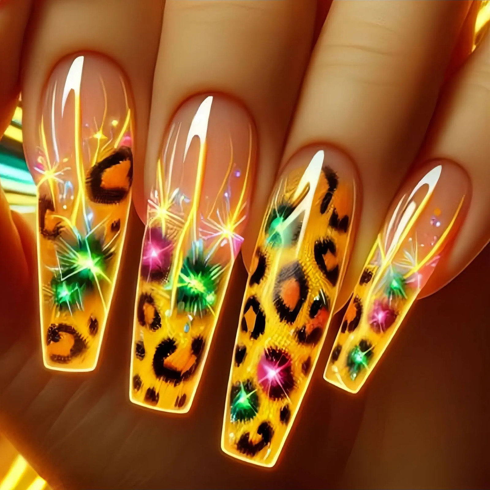 Y2K Press On False Nails 24pcs Set Sunset Heart Leopard Print Short Medium Long