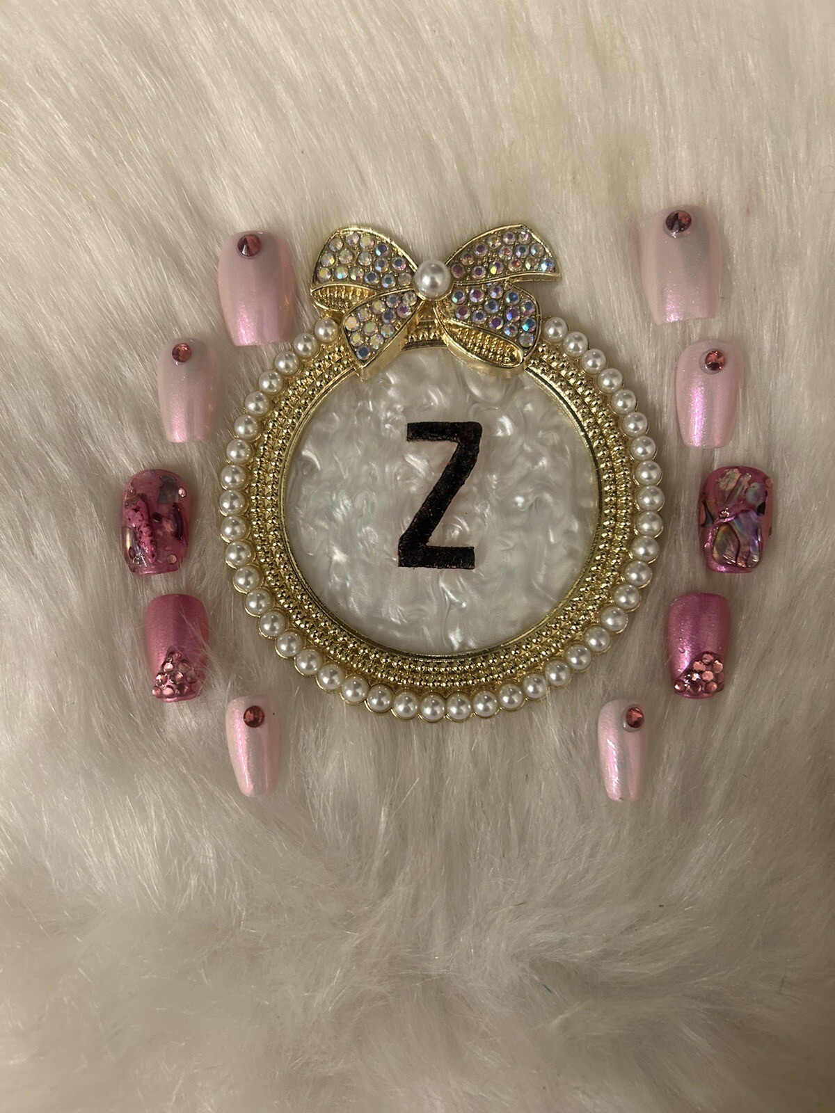 Z NAILZ!Handcrafted Set Of M Coffin Pink With Abalone Shell And Stones Press Ons