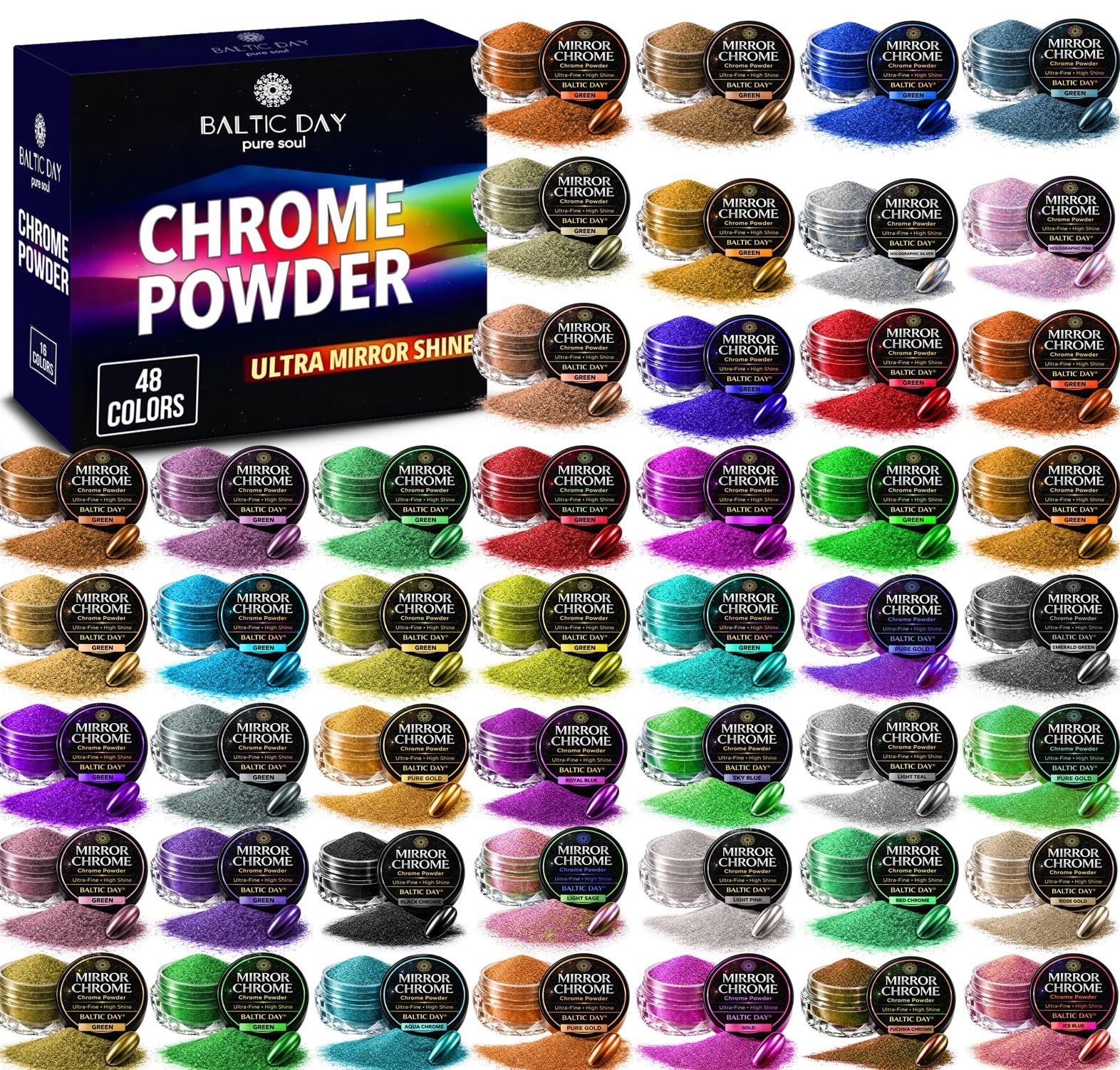 48 Color Chrome Powder Set – Metallic Mica Pigments for Nails, Resin Art & DIY C