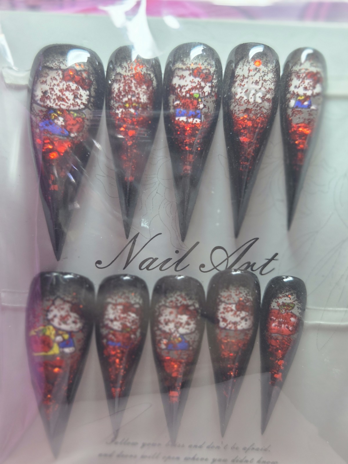 Press On Nails Handmade, Red,black, Hello Kitty, Claw, Dragon, Water Aqua Nails