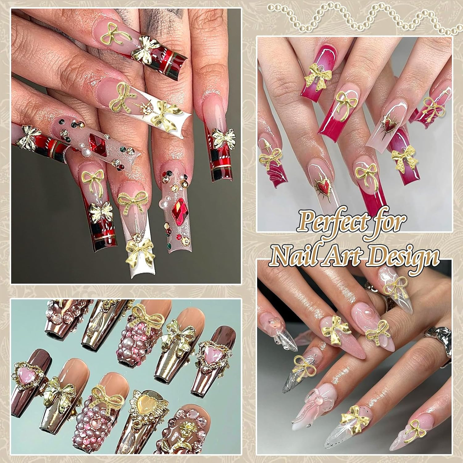 80PCS Gold Bow Charms 8 Styles Metal Alloy Bowknot Gems 3D Nail Art Decoration C