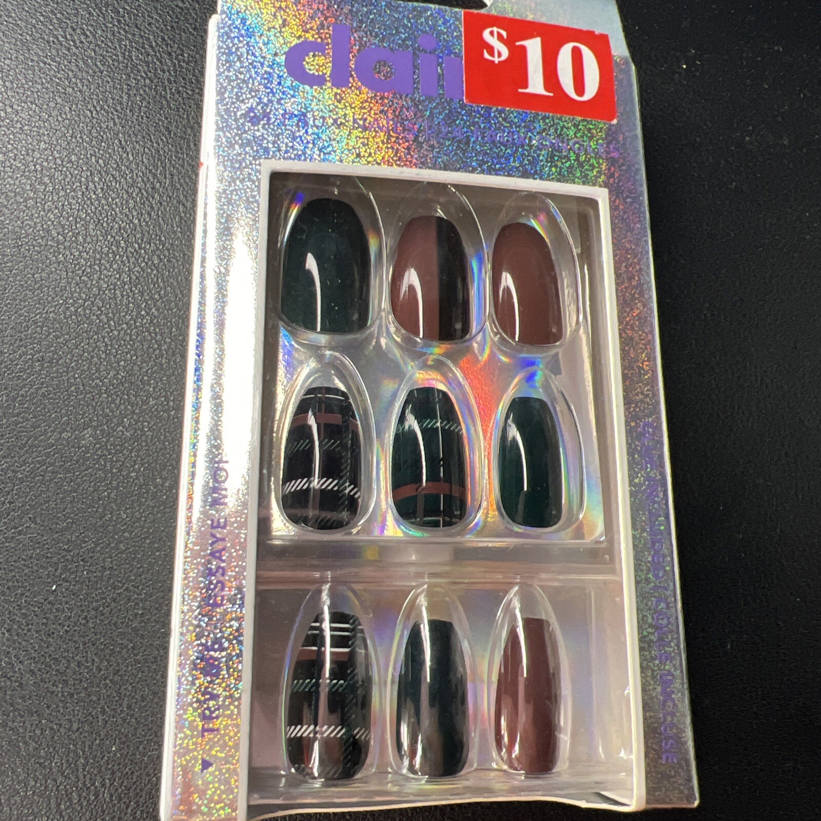24pc Claire’s Fake Press On Nails Glue On Vegan Plaid Print Green Brwn Blk White